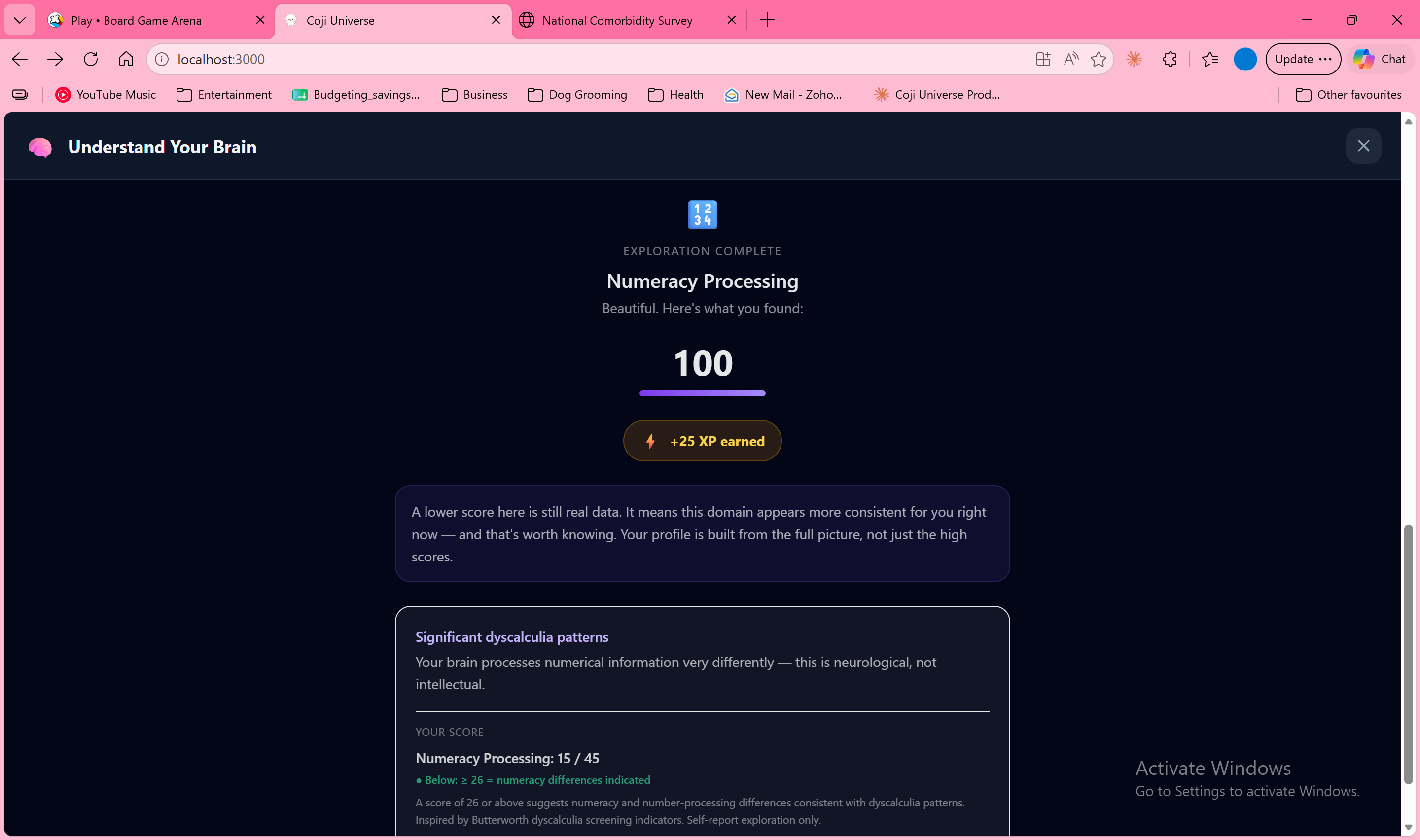 Coji Understand Your Brain — assessment results with XP earned
