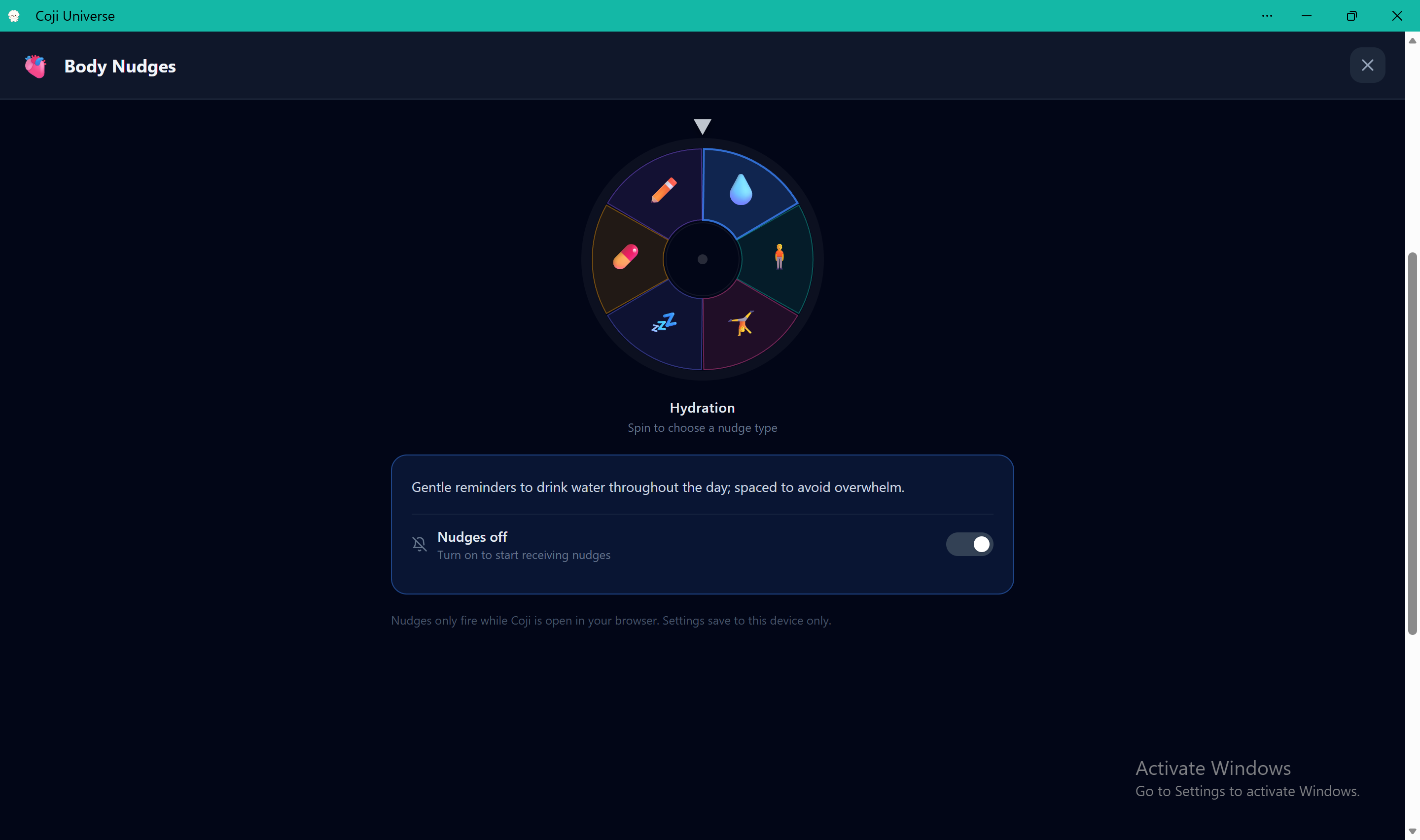 Coji Body Nudges — spin the wheel to pick your nudge type