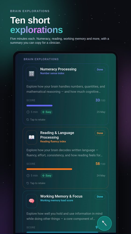 Coji Brain Explorations screen, showing a list of short self-report neuro maps
