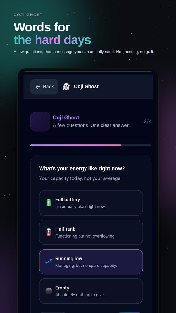 Coji Ghost screen, drafting a message for a hard day