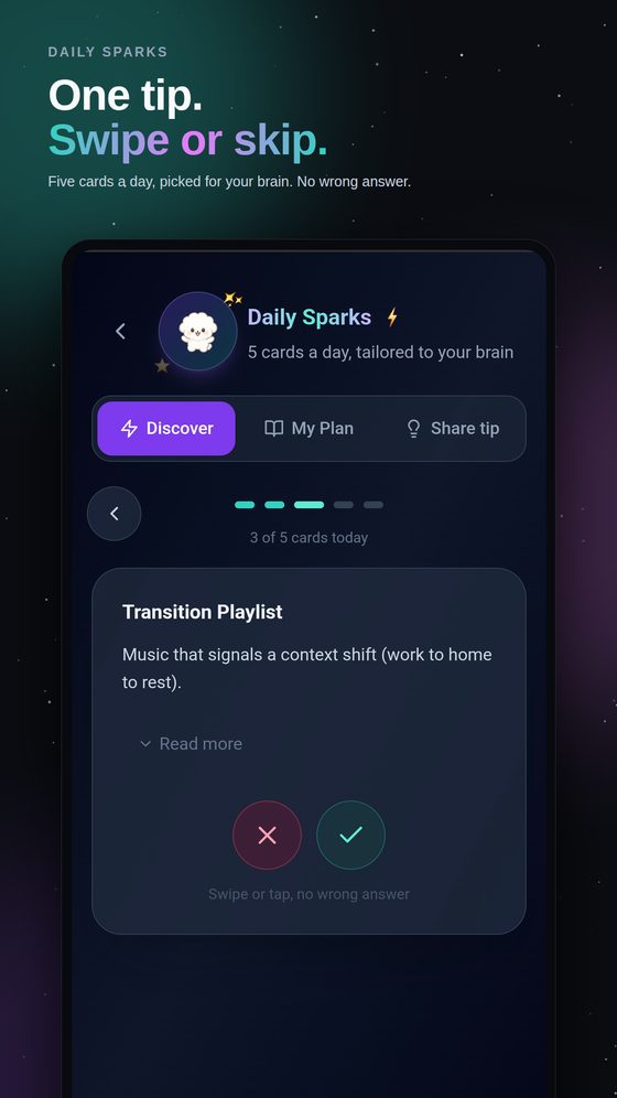 Coji Daily Sparks screen, swiping through a tip card